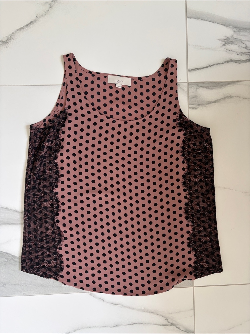 LOFT Tan/pink Pink Polka Dot Tank with Black Lace Panels
